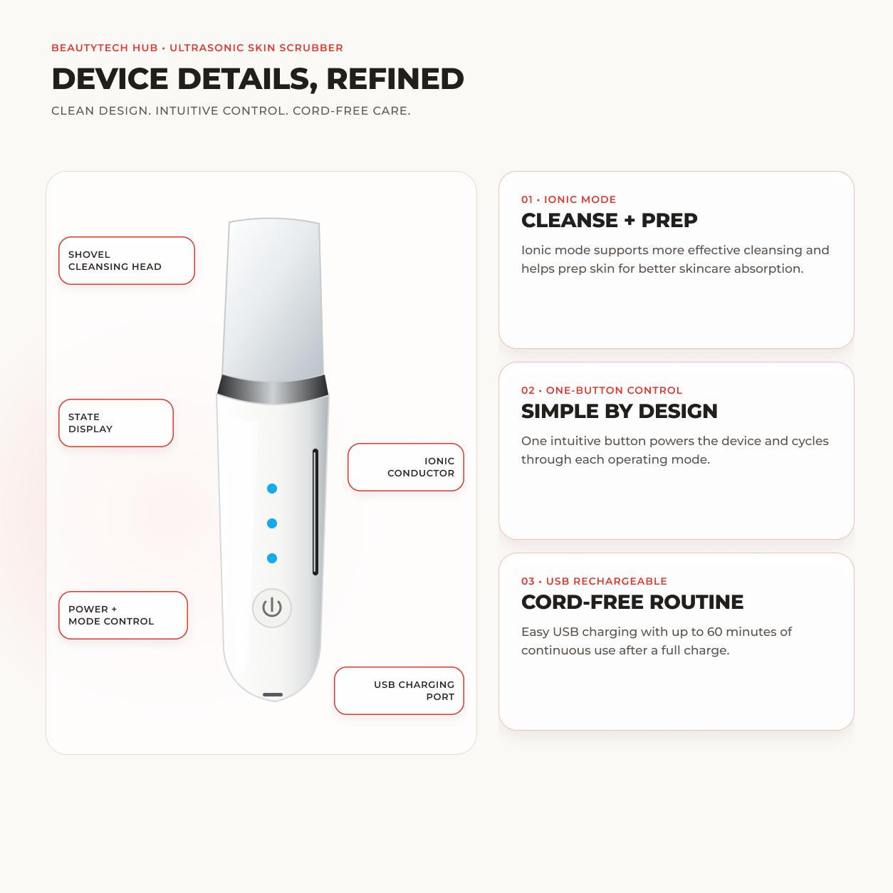 Ultrasonic facial spatula, side profile