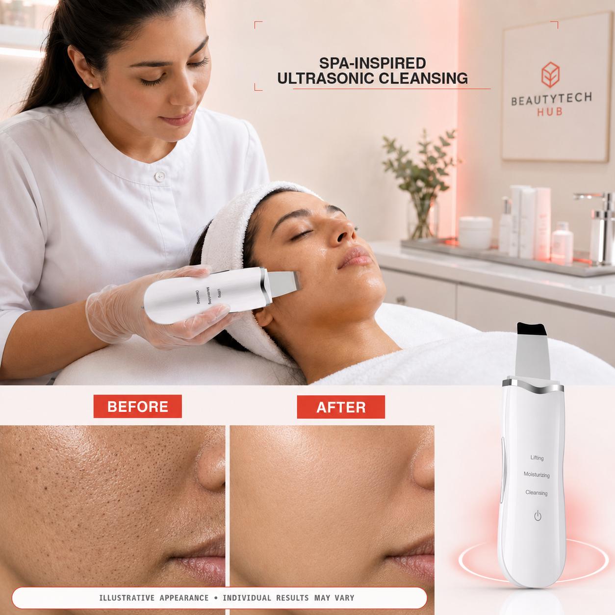 Ultrasonic skin scrubber used on damp skin