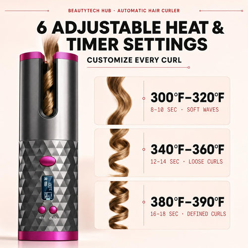 Cordless auto-rotating hair curler with LCD display