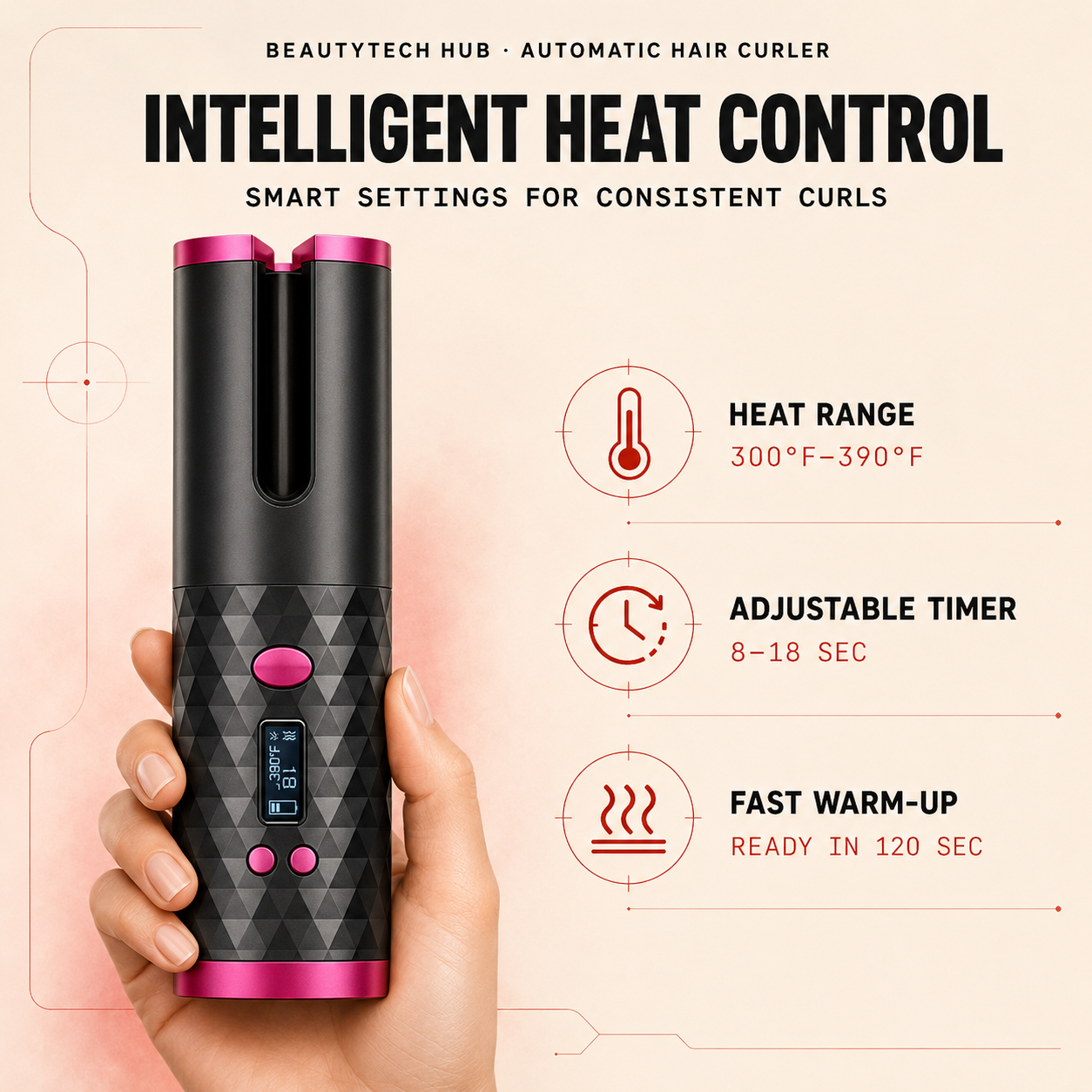 Cordless curler showing ceramic heating pipe and controls