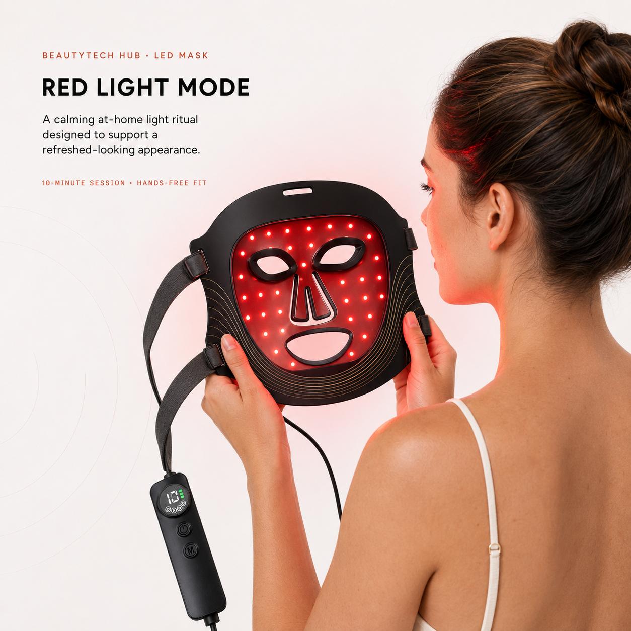LED face mask shown in red light mode, 630 nm setting