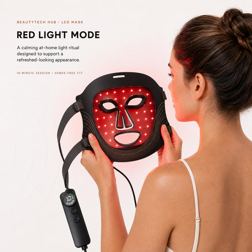 LED face mask shown in red light mode, 630 nm setting
