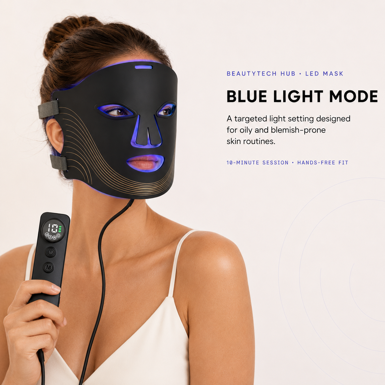 LED face mask shown in blue light mode for breakout-prone skin
