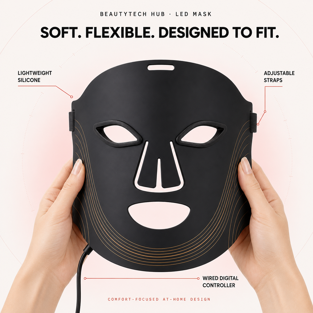 Flexible silicone LED face mask, front view