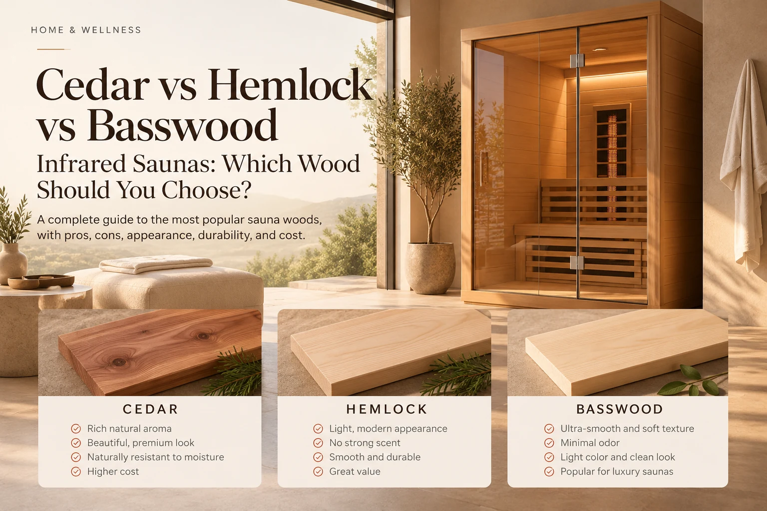 Editorial comparison of cedar, hemlock and basswood for an infrared sauna, showing wood samples and a modern home sauna