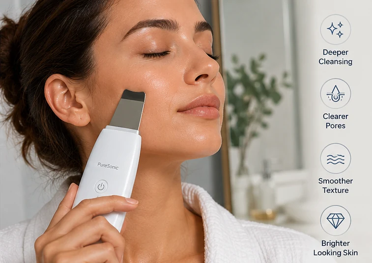 Woman gently using a white ultrasonic skin spatula on her cheek