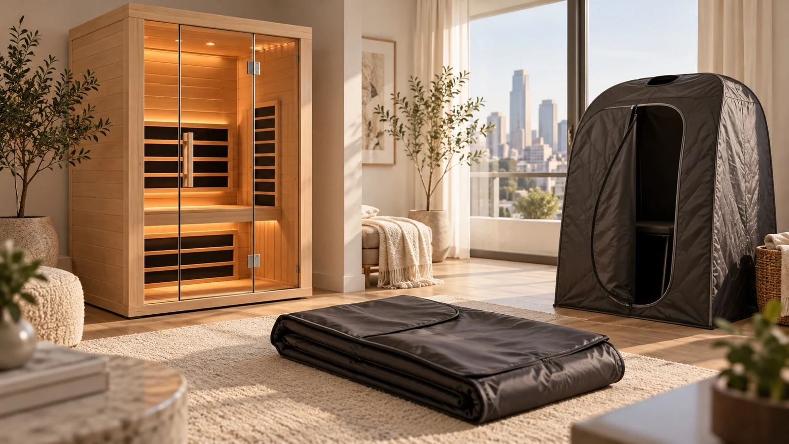 Editorial comparison of an infrared sauna cabin, portable sauna tent and sauna blanket in a modern apartment