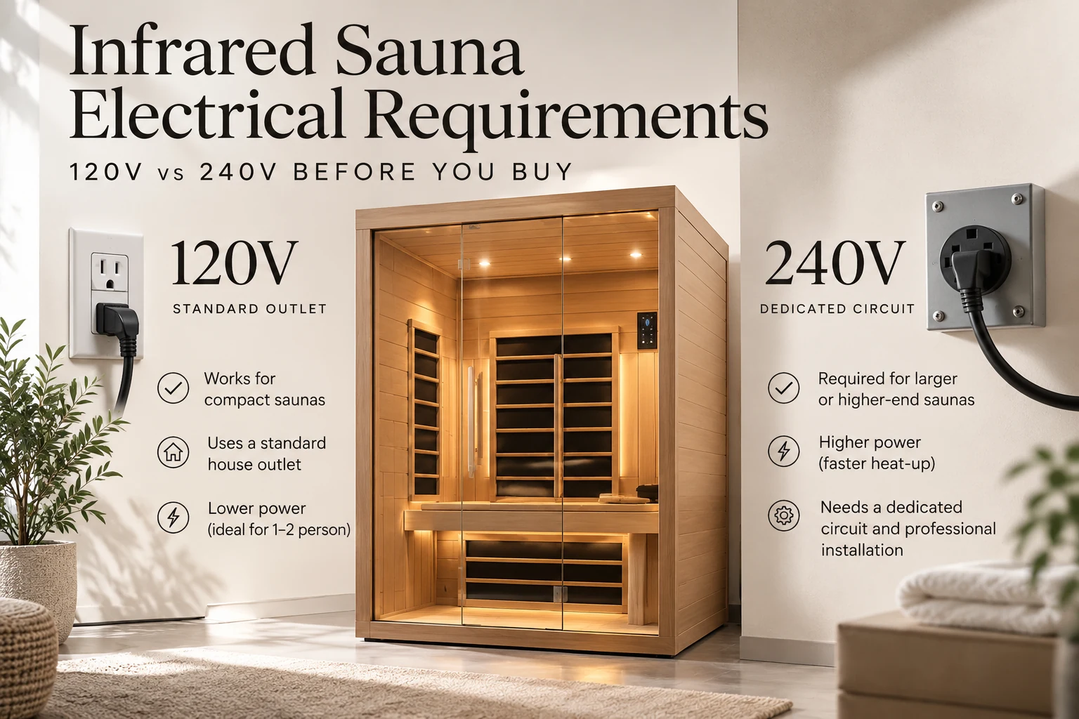 Infographic comparing 120V and 240V electrical requirements for infrared sauna installations