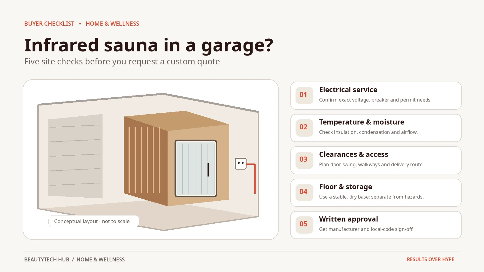 Illustrated garage infrared sauna installation checklist showing electrical service, moisture, clearances, floor safety and manufacturer approval.