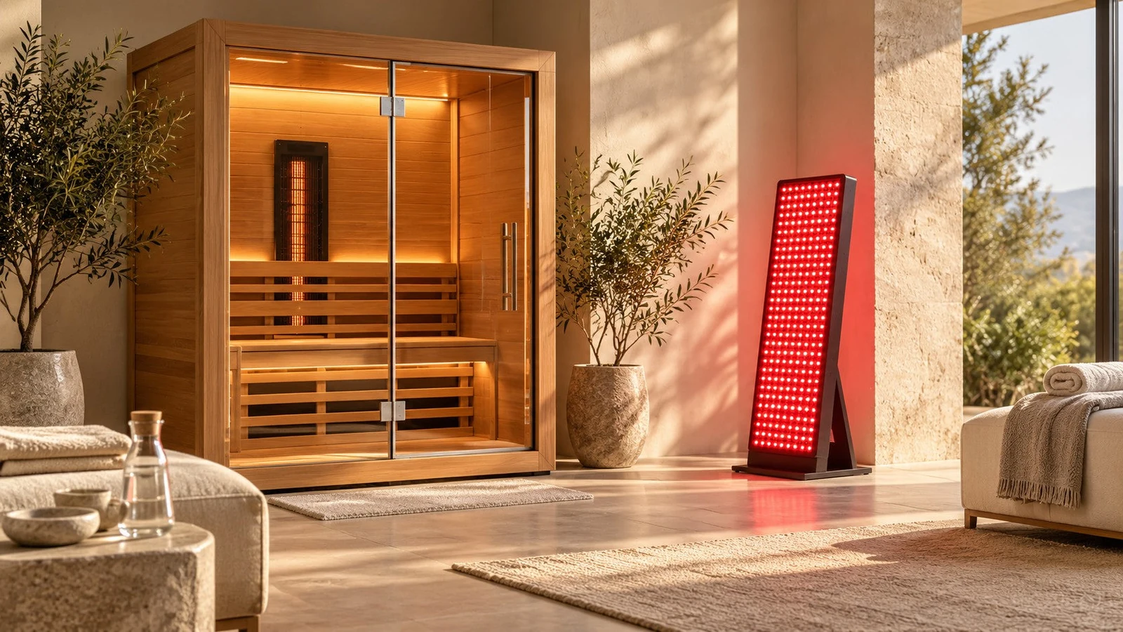 Editorial concept of a wooden infrared sauna beside a red-light therapy panel in a minimalist home wellness room; not a photograph of a specific product.