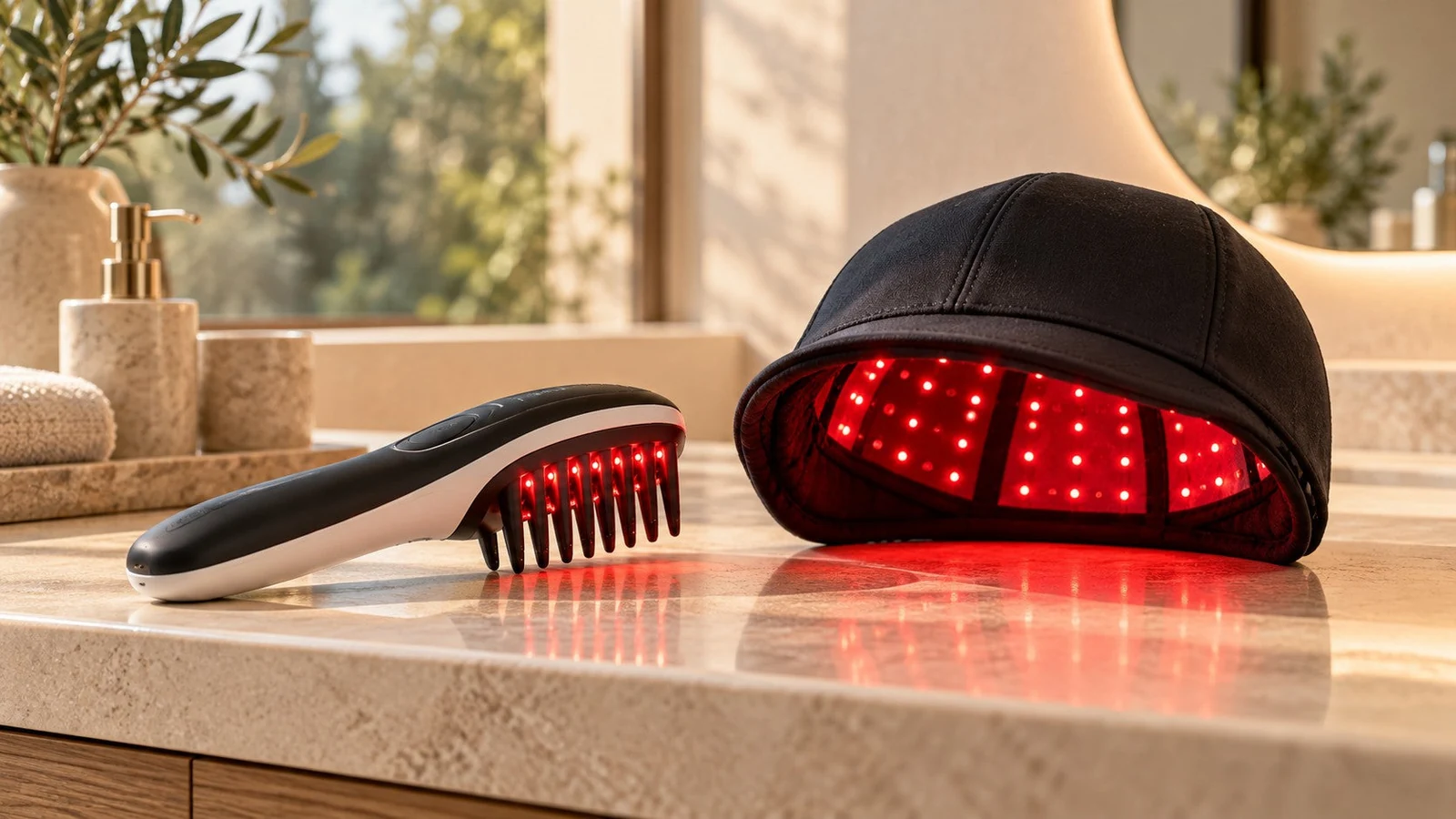 Editorial concept comparing a handheld LED scalp massage comb with a red-light therapy cap on a spa vanity; not photographs of specific commercial products.