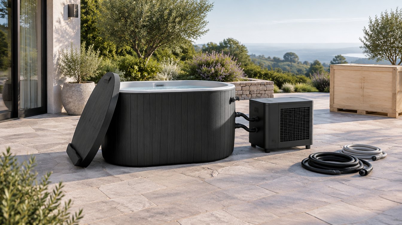 Higgsfield editorial illustration of an unbranded cold plunge, chiller and shipping crate; not a PlungeChill product photograph