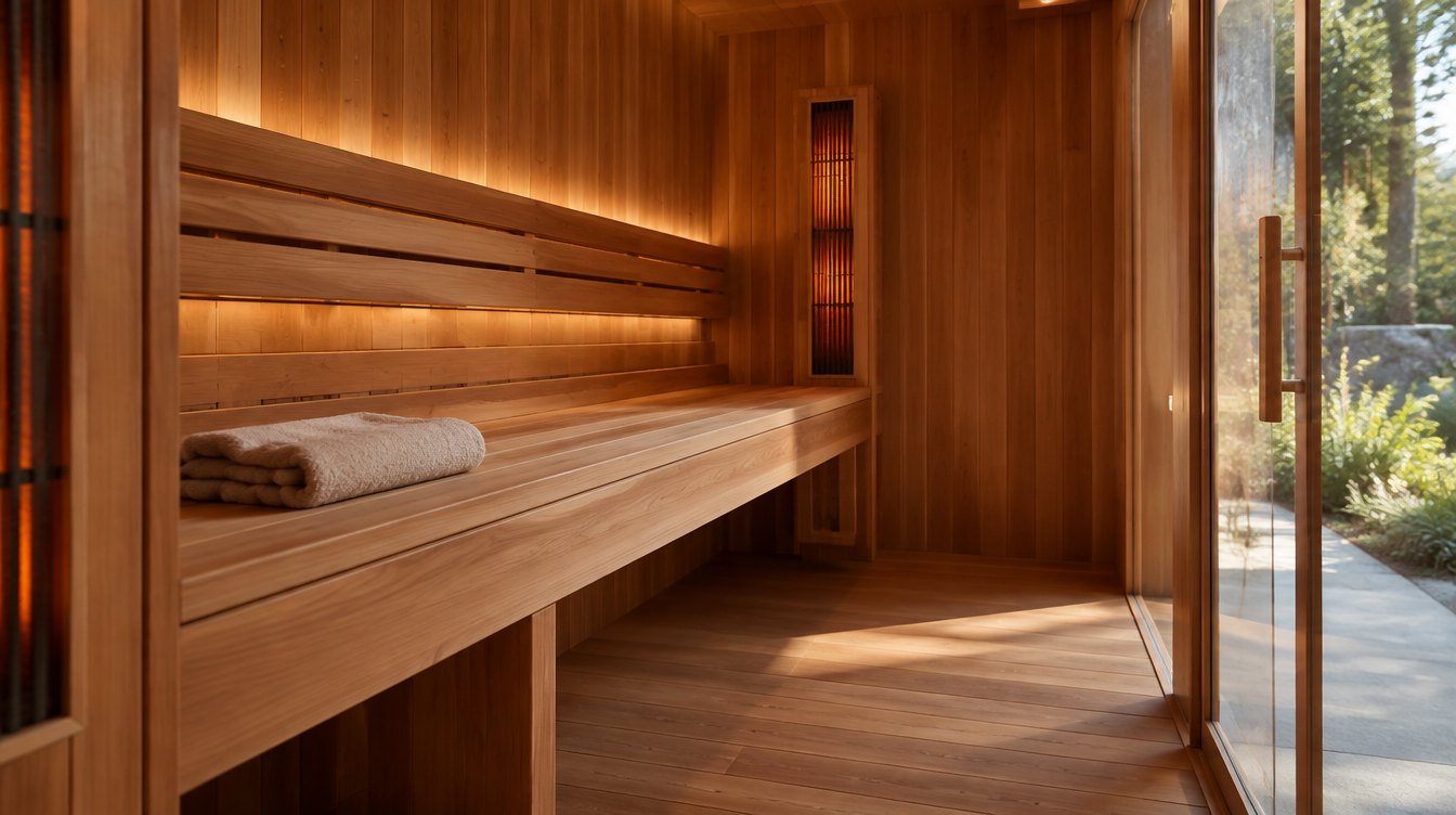 Higgsfield editorial illustration of an unbranded cedar sauna bench and backrest; not a SaunaCloud product photograph