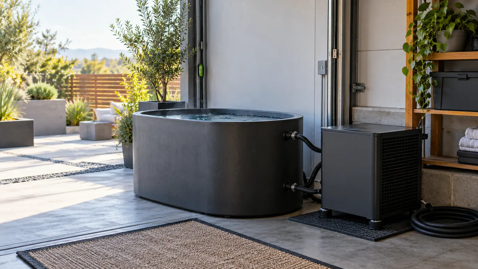 Cold plunge tub and compact chiller arranged with ventilation clearance and anti-vibration support in a garage-patio recovery space