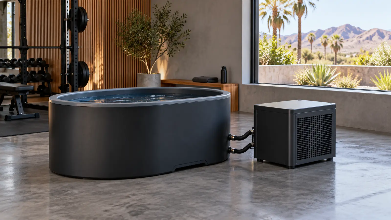 Unbranded cold plunge tub and compact chiller in a shaded warm-climate home recovery room