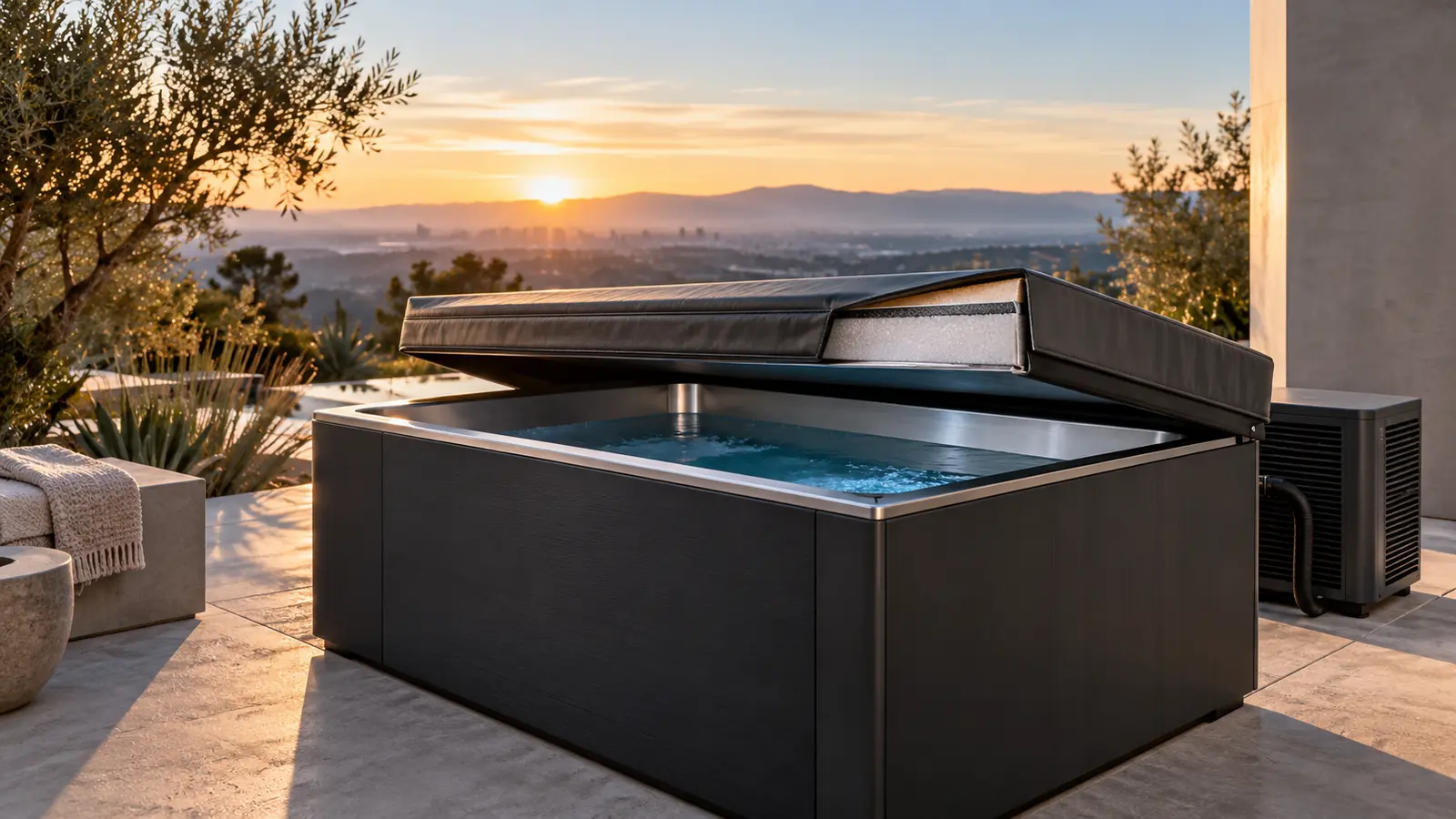 Premium outdoor cold plunge with a fitted insulated cover partially lifted on a California patio
