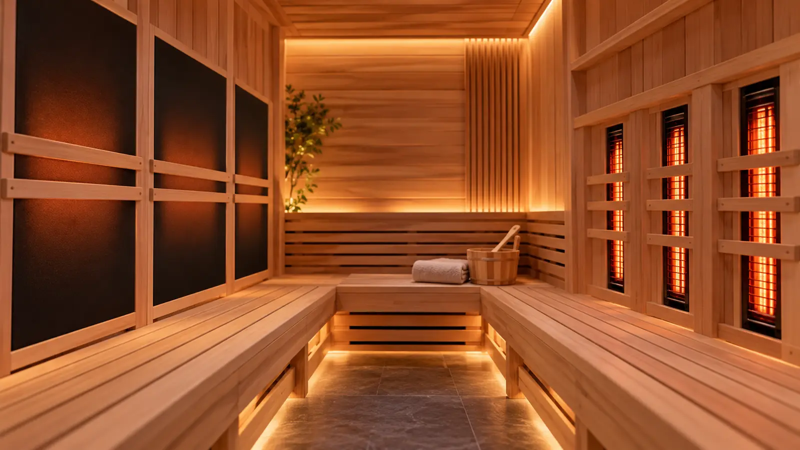 Premium unbranded infrared sauna interior showing broad carbon panels and compact ceramic-style heater elements