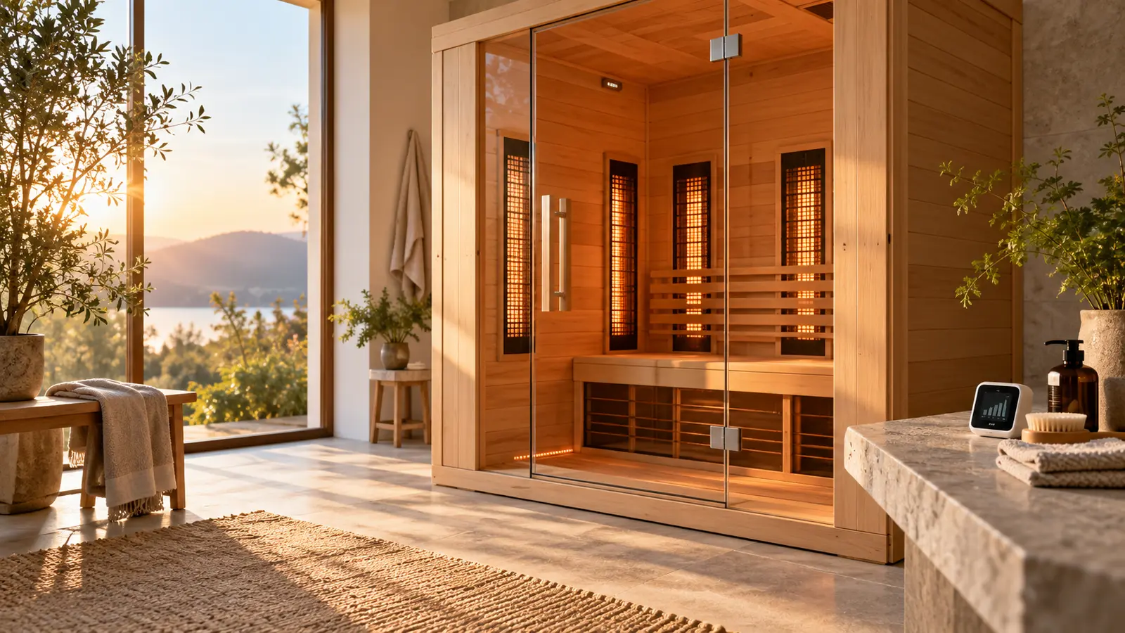 Premium infrared sauna room with an unbranded energy monitor and simple cleaning supplies
