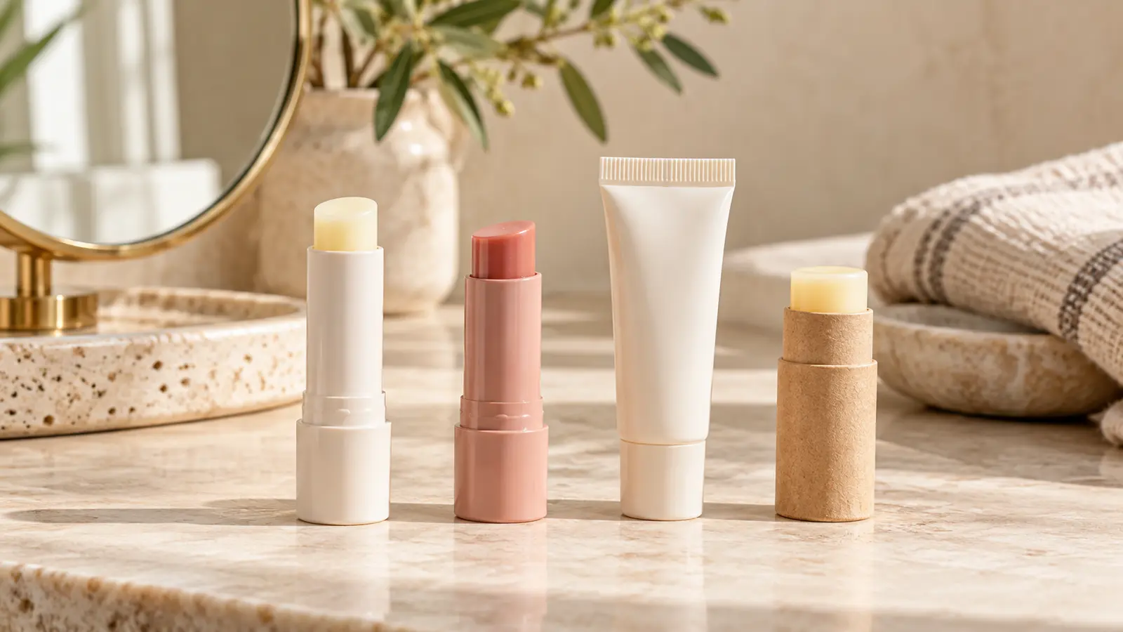 Four unbranded lip-care formats arranged on a warm stone beauty vanity