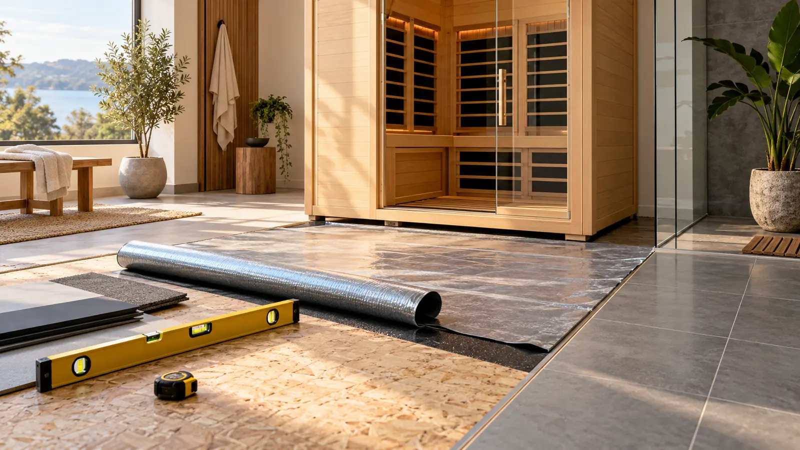 Premium indoor infrared sauna being installed over a prepared moisture-resistant floor system
