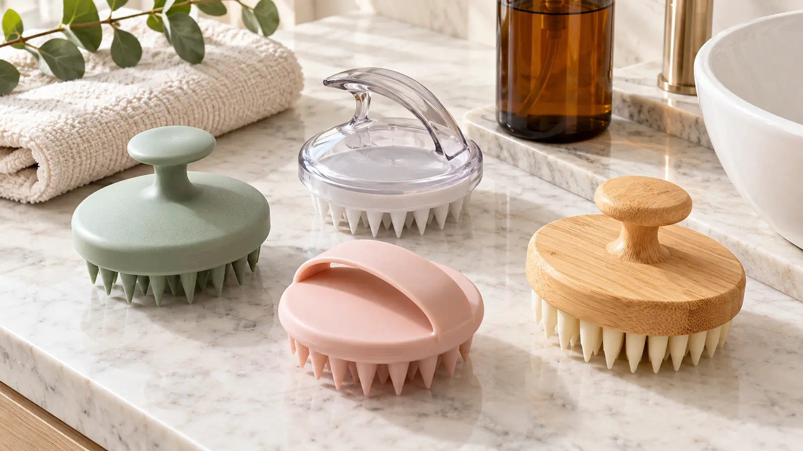 Four unbranded manual scalp shampoo brushes on a bright stone beauty vanity