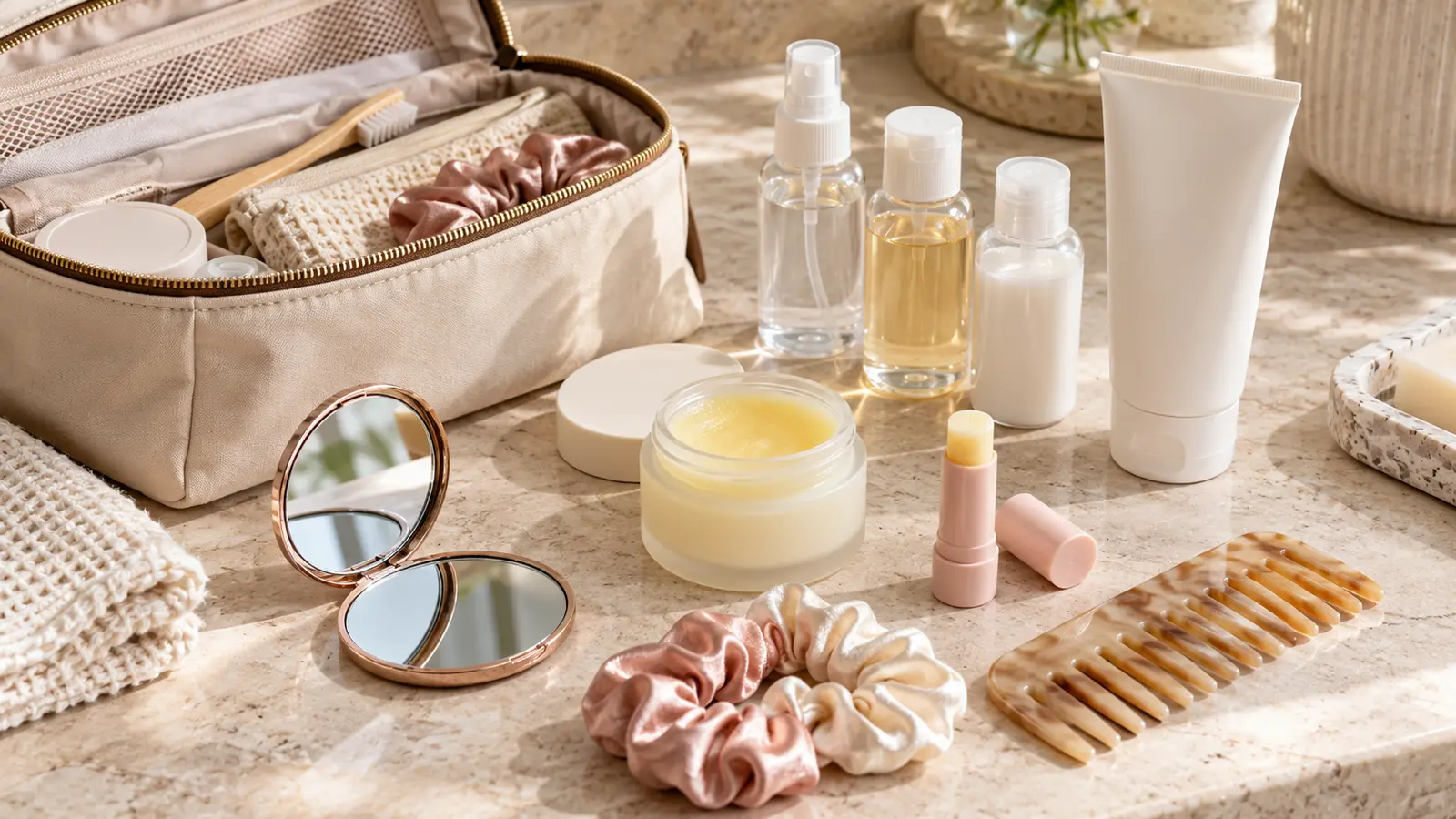 Editorial flat lay of unbranded travel beauty essentials beside a neutral toiletry pouch
