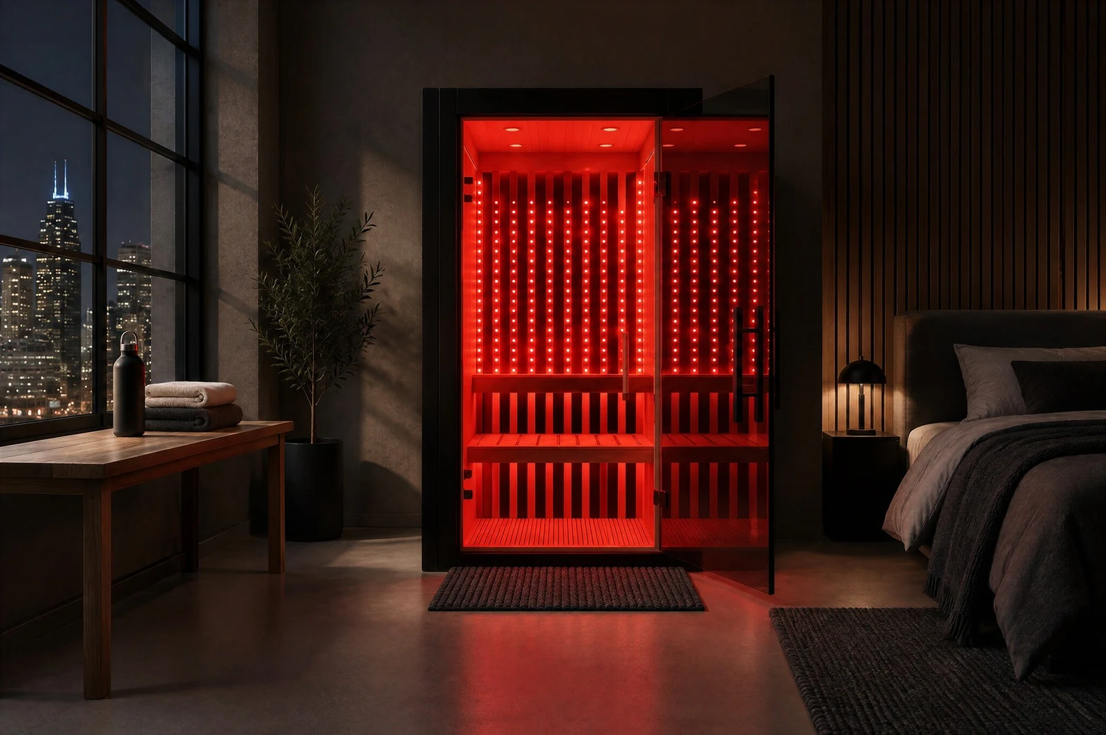 Infrared sauna interior used to illustrate routine sauna maintenance