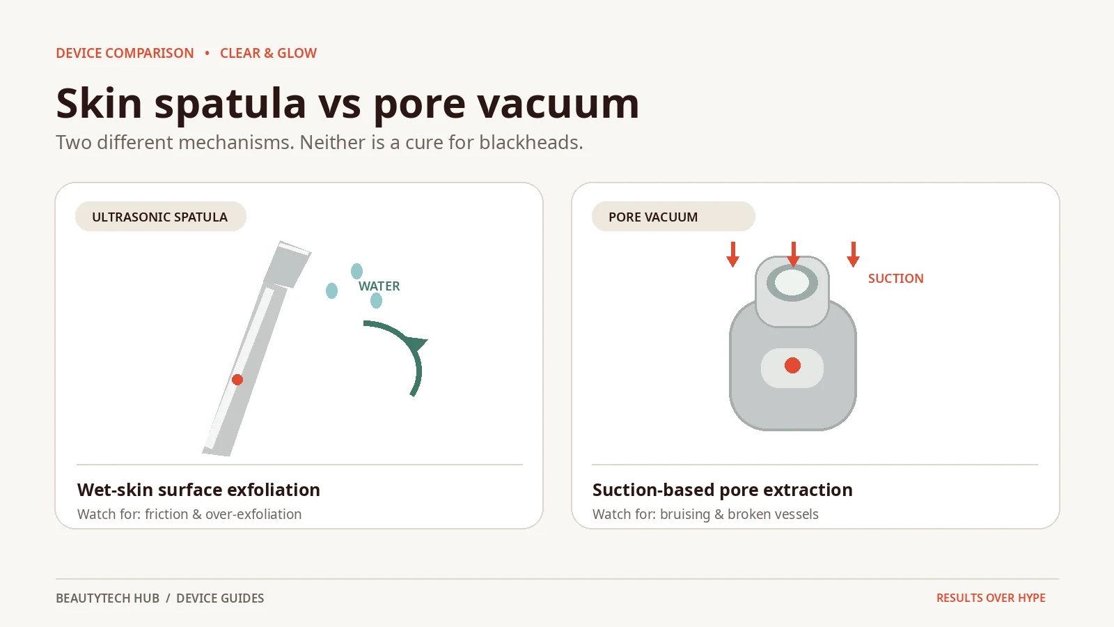 Editorial illustration comparing an ultrasonic skin spatula on wet skin with a suction pore vacuum and their different risks.