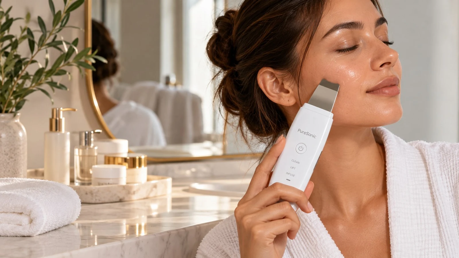 Editorial illustration of a woman using an ultrasonic facial spatula; illustrative device, not an exact PureSonic product photograph